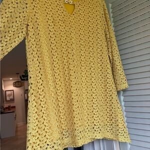 JM Collection Mustard Crochet Tunic with Rhinestone Clasp
